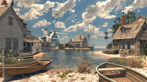 A quaint 3D seaside town with charming cottages and sandy beaches AI generated illustration