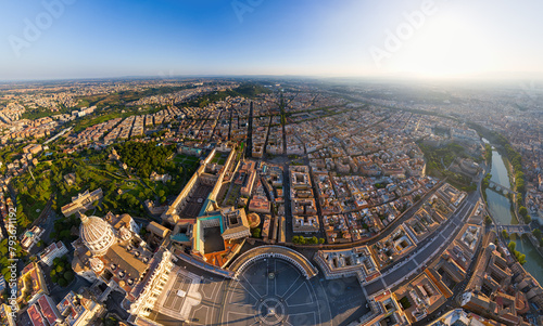 Rome, Italy. St. Peter's Cathedral - Basilica di San Pietro. Panorama of the city on a summer morning. Sunny weather. Aerial view