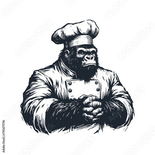 Portrait of a gorilla but chef. Black white vector illustration. 