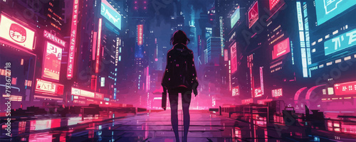girl in a cyberpunk city dressed in anime vector cartoon cyberpunk. vector simple illustration