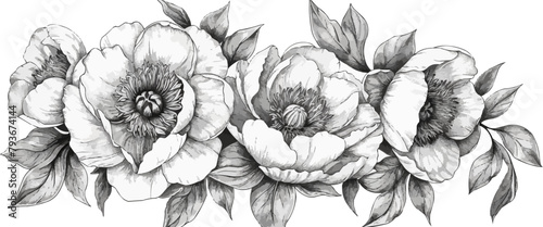 peonie line art sketch black and white. vector simple illustration