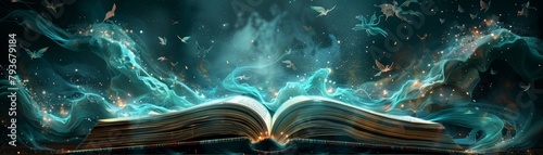 An open book with magic blue light and sparkles coming out of it.