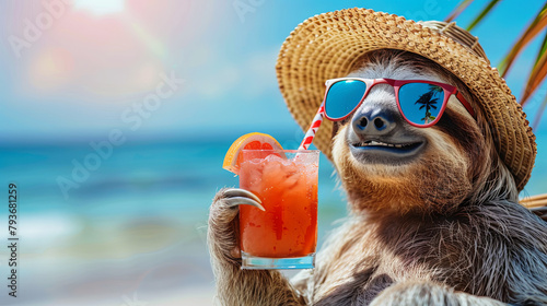 Cute a sloth blooper, sunglasses and a glass of cocktail against the background of the ocean