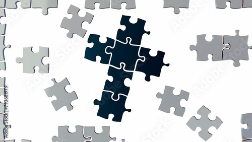 3d rendering of jigsaw pieces assembly Christianity cross 