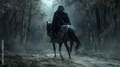 Black fantasy horseman with hood riding in dark forest