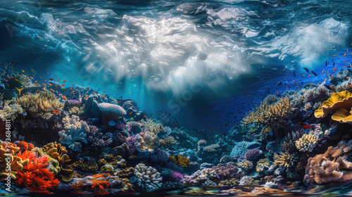 A colorful and diverse coral reef ecosystem teeming with marine life, including fish, crustaceans, and various species of coral, creating a visually stunning underwater landscape