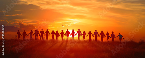 Giving a helping hand concept of unity, teamwork and charity with sunrise background.