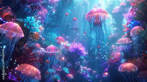 A surreal 3D underwater world with glowing sea creatures AI generated illustration