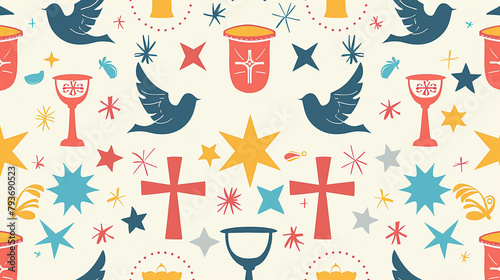 seamless pattern with christian religion icons, holy communion: bible, dove, chalice, candle, wheat ear; great for wrapping, greeting cards