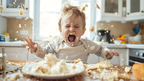 Baby shouting in the kitchen making a mess with food flying everywhere