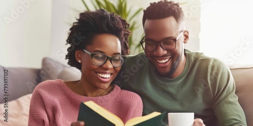 Home, relax, black couple reading bible with religion, love, or bonding. Romance, apartment, man-woman, scripture or holy book with Christian, hope, talk