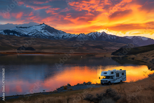 Tranquil RV Adventure: Lakeside pause in an exciting journey amid nature's grandeur