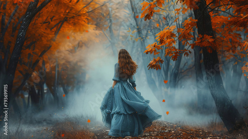 Queen woman walks in mystical autumn misty forest. 