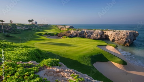 Breathtaking ocean view golf course on cliffs with iconic tall rock arches for a scenic panorama