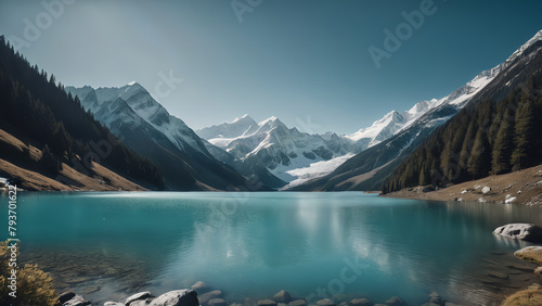 Torquese blue and green lake with icy snow mountains