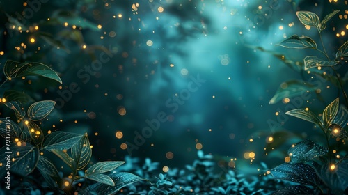 Midsummer night's dream sales ad, border of mystical forest and fireflies, enchanting forest hues, magical night copy space