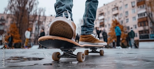 Teenager s foot on skateboard against blurred background of street crowd, close up shot