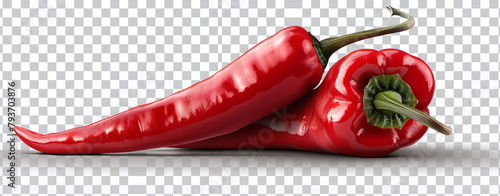 Two fresh red peppers, one long and one bell-shaped, on a transparent background.