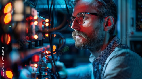 Male physicist in a particle lab, visionary, observing particle collisions, awe-inspired, styled as high-contrast lighting.