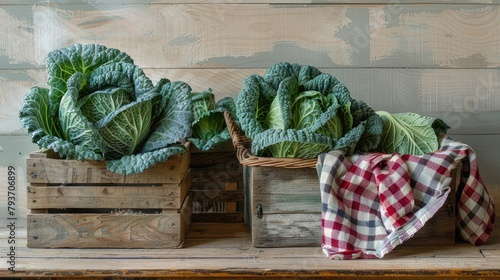 Close up photo of fresh green cabbage in a wooden box, a red checkered cloth on the table, a kitchen wicker basket with cabbages in the background
