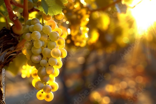 Close-up image of ripe, sunlit grapes in a vineyard during golden hour, highlighting the natural beauty and vibrant colors of the fruit.