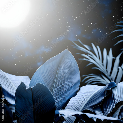 background.a variety of tropical leaves and foliage plants bathed in shades of blue, against a background that resembles the vast expanse of space. The ethereal beauty of the scene should evoke a sens