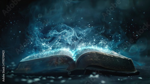 An open book with pages turning into glowing light particles on black background
