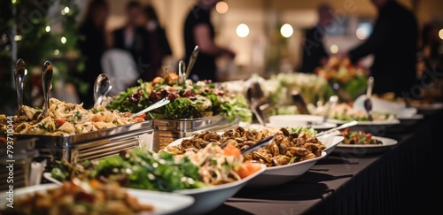 buffet food indoor in the restaurant meat colorful fruits and vegetables catering a group of people at a resort on a cruise a wedding buffet