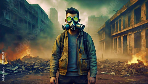 環境破壊の危機、ガスマスクをつけた男性、戦火の廃墟、環境汚染