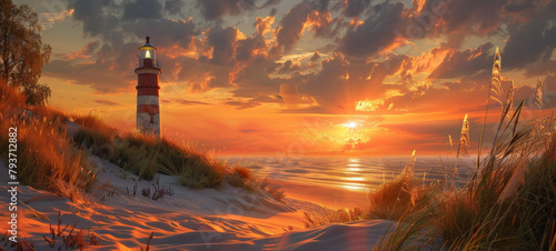 Golden Hour Majesty: Coastal Lighthouse Scene