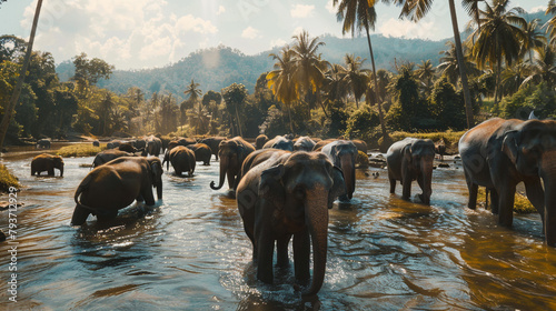Herd of elephant in the river. 