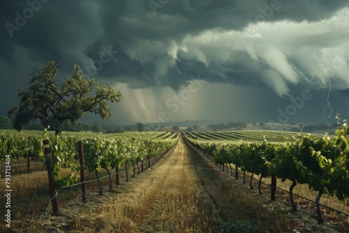 A striking image capturing a vibrant vineyard under the threat of a severe storm, with dark clouds and visible lightning enhancing the dramatic feel.