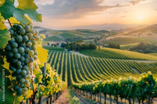 A scenic sunset view of verdant vineyards sprawling across rolling hills. Ripe grapes foregrounding a stunning rural landscape under a golden sky.