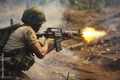 US military soldier shooting assault rifle M16 in Vietnam war