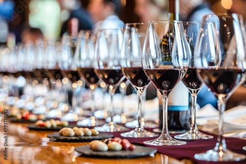 A sophisticated wine tasting setup displaying multiple glasses of red wine, completed with light snacks on a beautifully arranged table. Ideal for conveying luxury and class.