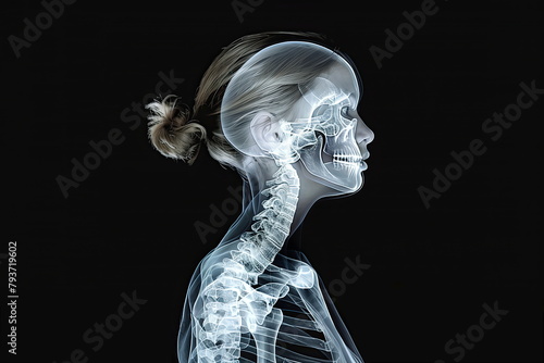 X-ray of the woman's head and neck, backbone. Skeleton bones. Profile. Vertebrarium. Medical radiography concept. Silhouette. Medicine. Screening. Roentgenogram. Cartilage