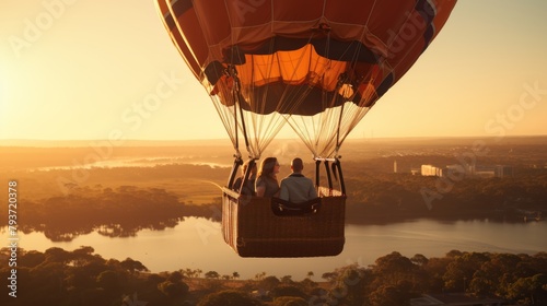 A romantic couple sitting in a colorful hot air balloon high above the ground