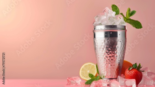 bartender's cup with ice and mint on a pink background
