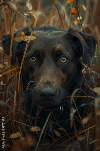 the dog is in the grass, in the style of kodak portra, mountainous vistas, unreal engine 5, nikon d850, whistlerian, dark teal, vibrant, lively 