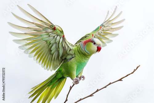 A parakeet swings, tail feathers fanned