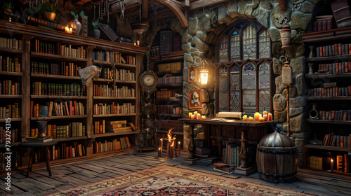 The wizards room with library old books potion