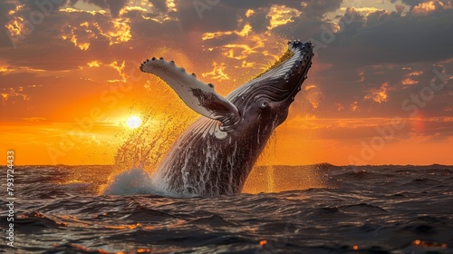 Spectacular breach of humpback whale against stunning sunset backdrop, captured off the coast.