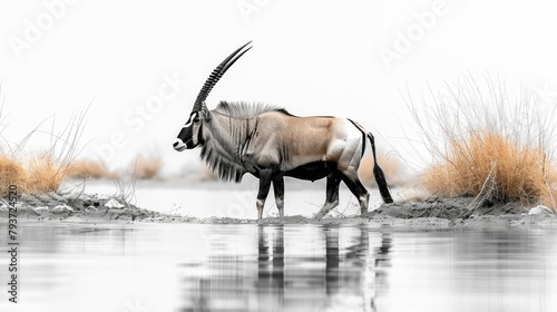 Striking black and white image of a large antelope with dramatic horns, an oryx gemsbok, captured walking through water in the Desert of South Africa.