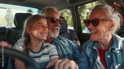 Parents and daughter in an SUV, smiling widely, sharing stories, feeling content and excited, styled as bright minimalist.