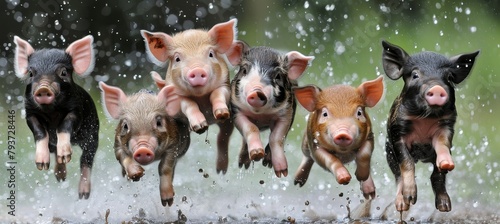 Energetic piglets gleefully frolicking in a muddy puddle with exuberant playfulness