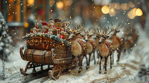 Enchanted winter night with a hand-carved wooden sleigh and reindeer in a snowy landscape