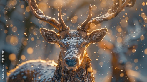 Majestic hand-carved wooden stag figurine in a snowy landscape with warmly lit cabin