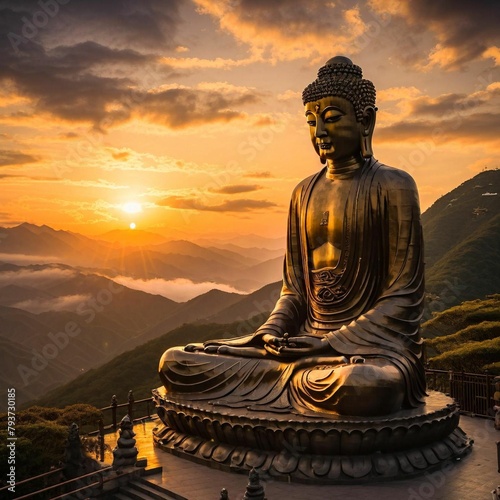 Big bronze Amoghasiddhi Buddha statue called Tian Tan Buddha with sunset sky
