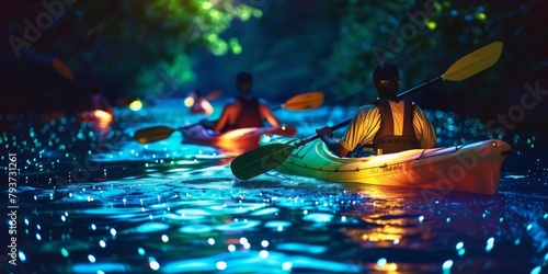 Tourists in colorful kayaks paddle through the bioluminescent bay, leaving a trail of sparkling light in their wake.