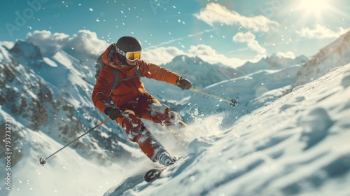 Adventure on the slopes as an alpine skier takes a daring jump against a mountain backdrop
